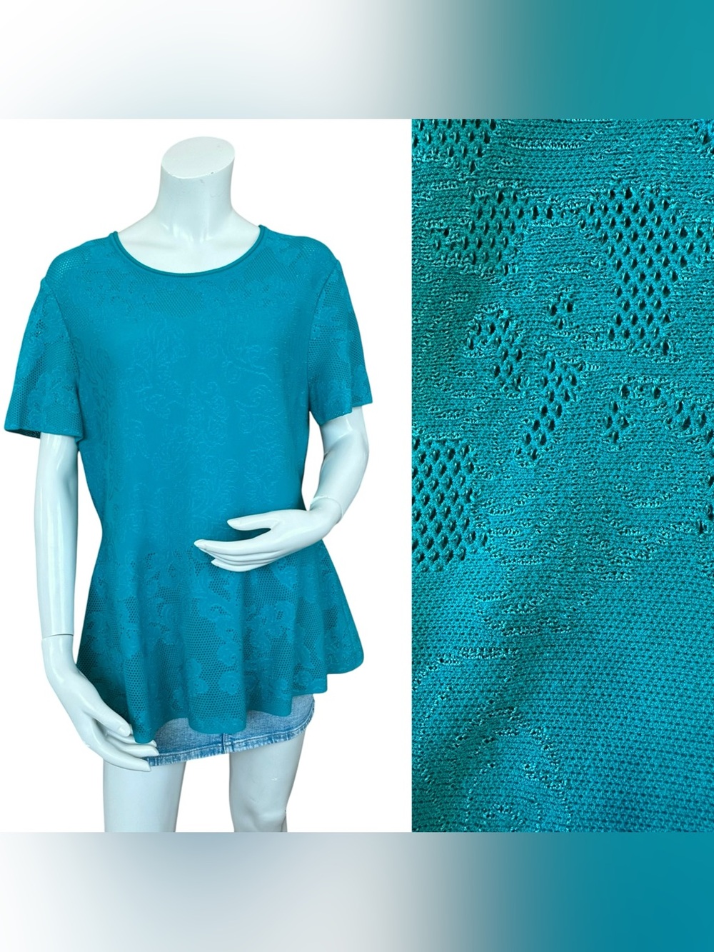 St. John Boutique Teal Jacquard Short Sleeve Peplum Paisley Blouse Size XL